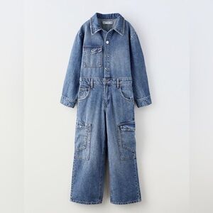 Zara Kids Girls Denim Jean Utility Jumpsuit Coveralls Overalls